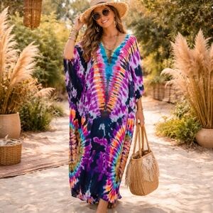 Kaftan Maxi Dress Tie Dye Loungewear Cover Up Swim V Neck XL 💜 NEW